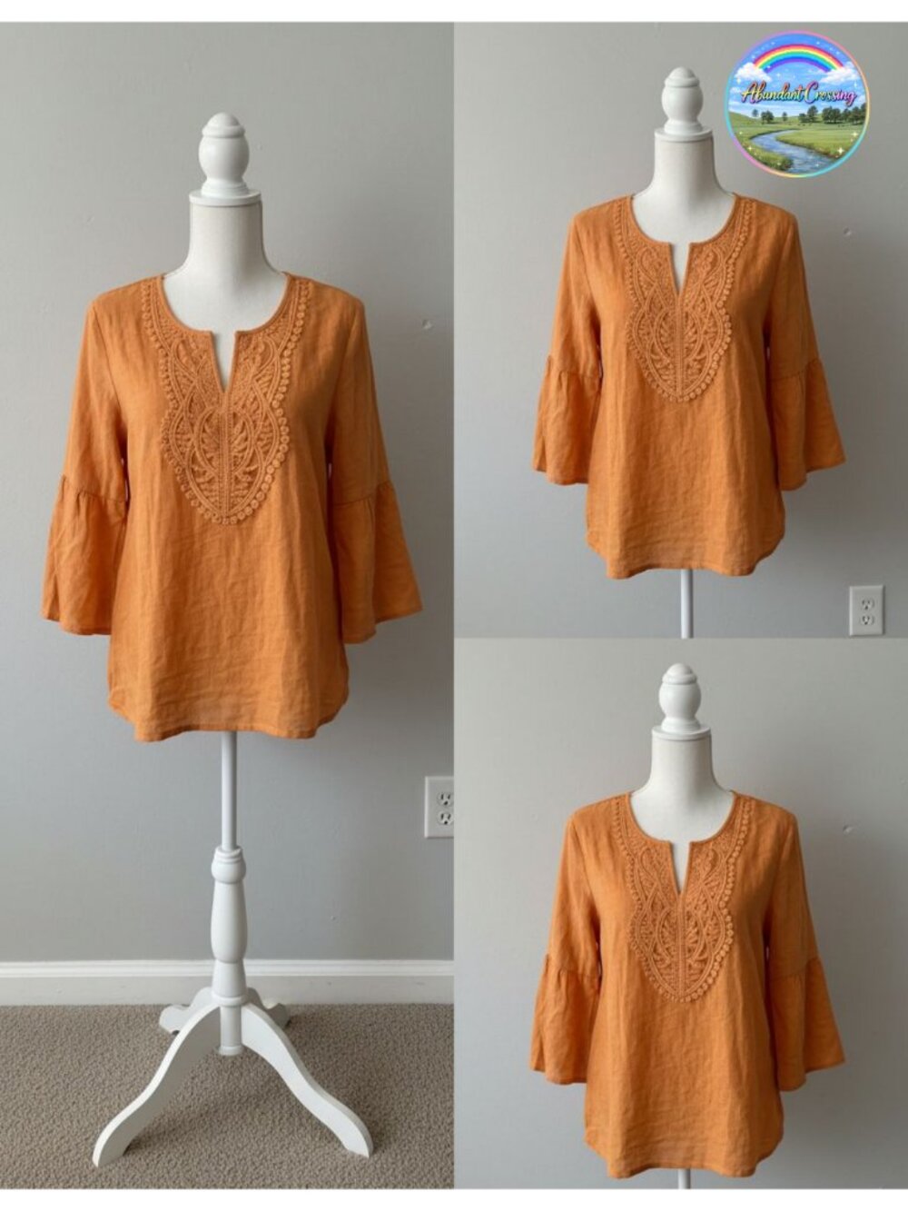 Womens Linen Cotton 3/4 Sleeve V-Neck Tunic Top Lace Detail Loose Fit